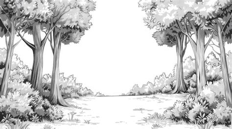 Cartoon sketch of a forest landscape with trees and bushes on a white ...