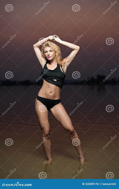 Blonde Woman In Water After Sunset Stock Photo Image Of Form Innocent 32689176