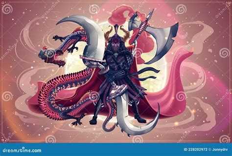 Japanese Samurai And Dragon Or Snake Battle Over Moon Illustration