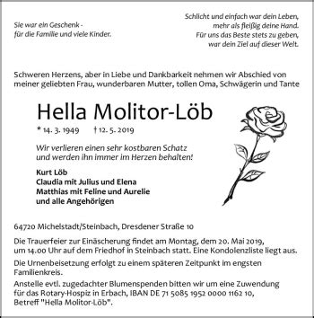 Traueranzeigen Von Hella Molitor L B Vrm Trauer De