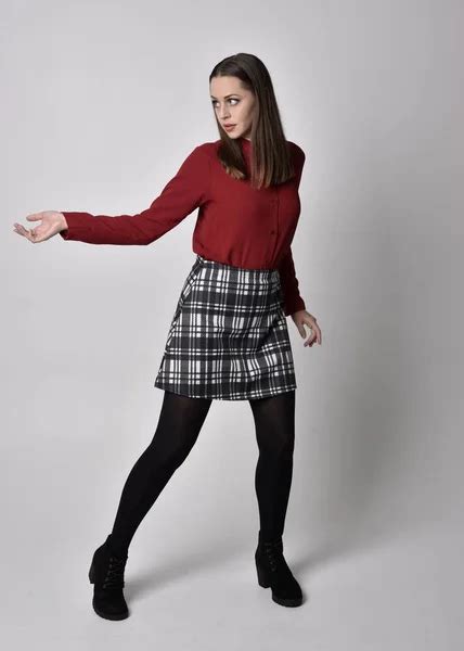 Full Length Portrait Pretty Brunette Girl Wearing Red Shirt Plaid Stock