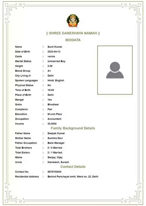 Hindu Marriage Biodata Format