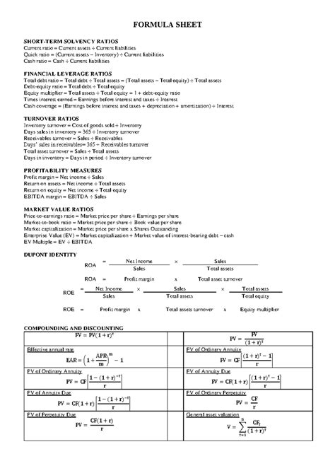 Corporate Finance Formula Cheat Sheet Pdf 2
