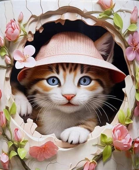 A Cat Wearing A Pink Hat Peeking Out From Behind A Hole In A Flowered Wall