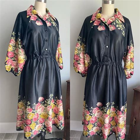 S Rose Print Black Dress Montgomery Ward Vintage Gem