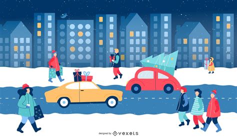 Ciudad Navidad Invierno Ilustración Escena Descargar Vector