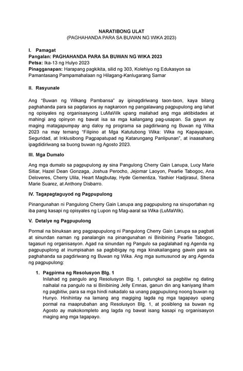 Naratibong Ulat Paghahanda Sa Buwan Ng Wika 2023 NARATIBONG ULAT