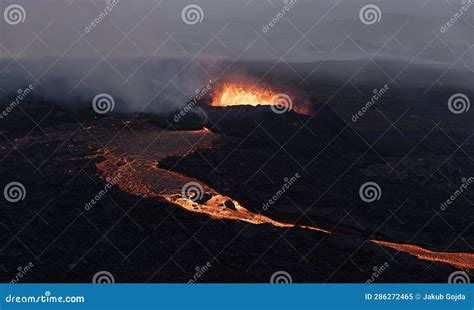 Aerial Panoramic View Of Volcano Eruption Litli Hr Tur Hill Stock