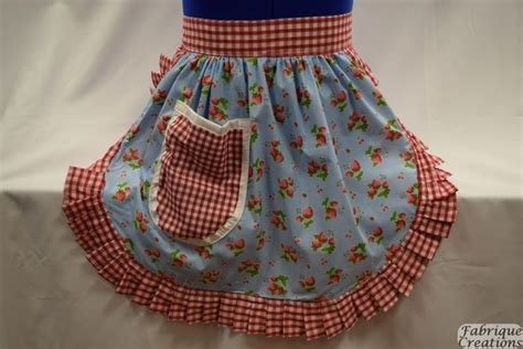 Vintage 50s Style Half Apron Pinny Sky Blue With Strawberries With