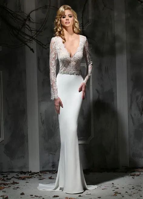 Free Shipping Long Sleeve Wedding Dress Glamorous Sexy V Neck Appliques Stretch Satin Sexy