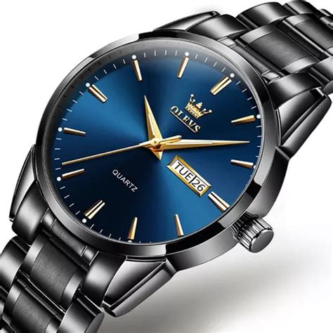 Reloj Pulsera Olevs 6898 Para Hombre Fondo Negro Y Azul Con Correa