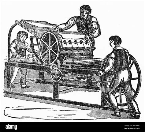 Engraving Of The First Cylinder Printing Press Made In Usa Stock Photo