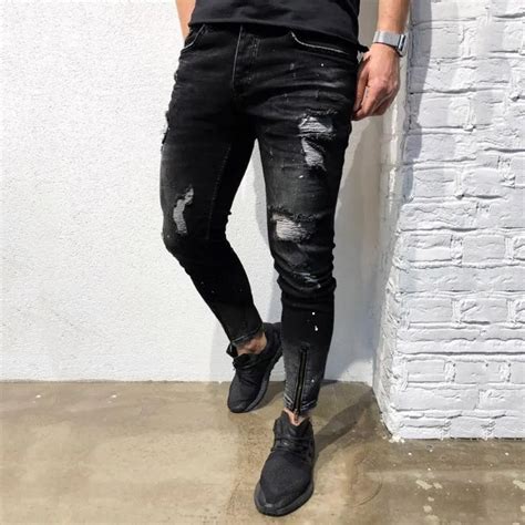 Mejor Precio En A Granel Hommes Skinny Jeans Mode Stretch Denim Pantalon Distressed Ripped