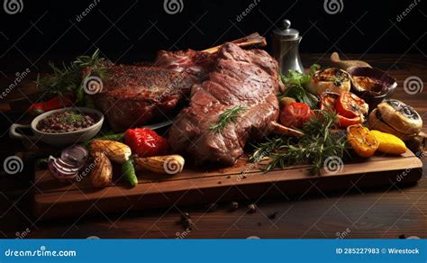 Steak Vlees Met Groenten En Brood Op Houten Planken Met Jus Stock