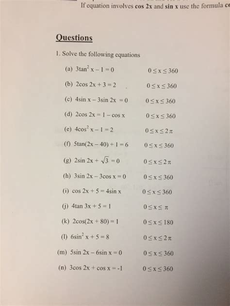 Solved Solve The Following Equations A 3 Tan 2 X 1 0