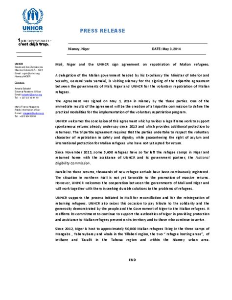 Document Press Release Mali Niger And The Unhcr Sign Agreement On