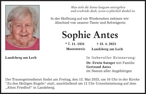 Traueranzeigen Von Sophie Antes Augsburger Allgemeine Zeitung