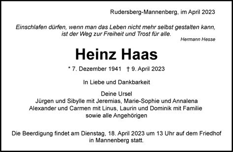 Traueranzeigen Von Heinz Haas ZVW Trauer