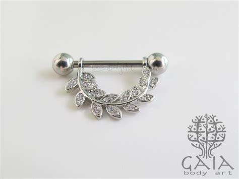 Piercing Barbell Mamilo Zirc Nias Adorno Folhagem Prateada Gaia