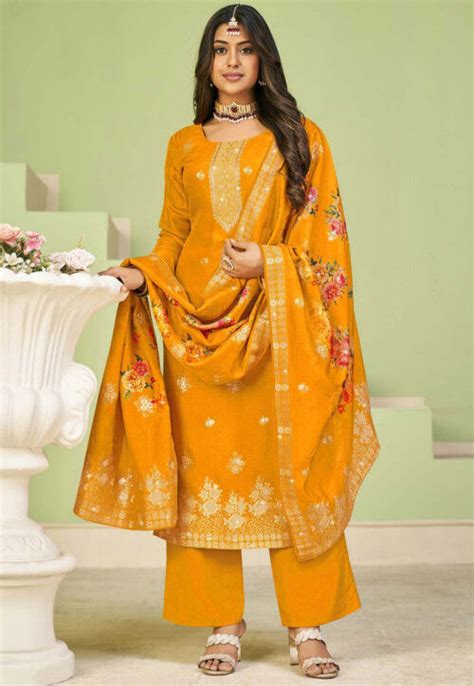 Buy Woven Art Silk Jacquard Pakistani Suit In Mustard Online KCH11690