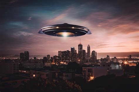 Premium Ai Image Flying Saucer Flying In The Sky Over Night City Ufo