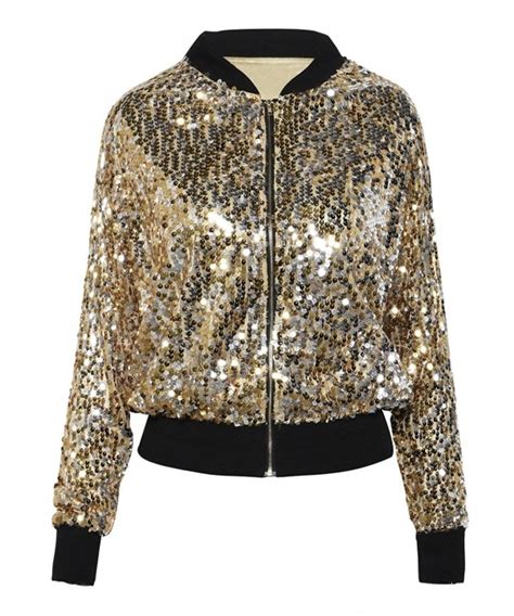 Women Sequin Jacket Long Sleeve Sparkly Zipper Front Blazer Bomber Jacket Gold Cr180eqz9a7