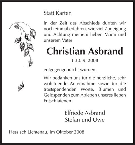 Trauer Und Todesanzeigen Von Christian Asbrand Trauer De