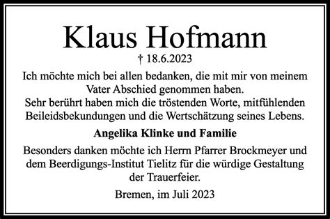 Traueranzeigen Von Klaus Hofmann Trauer Gedenken