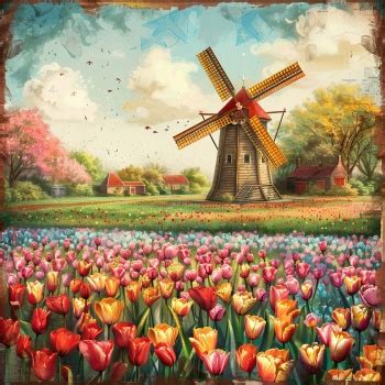 Solve Vintage Windmill And Tulips Jigsaw Puzzle Online With 100 Pieces