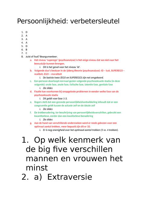 Persoonlijkheid Verbetersleutel D 2 A 3 A 4 A 5 D 6 B 7 C 8