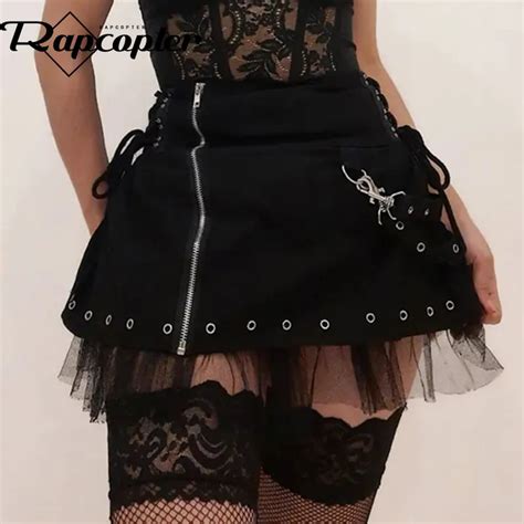 Rapcopter Y K Bandage Pleated Skirts Women Goth Black Patchwork Vintage