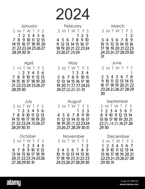 Calendar Template For The Year 2024 In Simple Minimalist Style Week