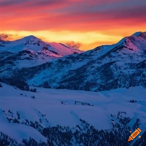 Sunset Over Snowy Mountains Landscape On Craiyon