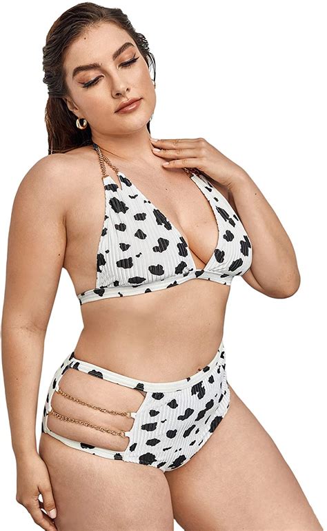 Womens Plus Size Cow Print Halter Triangle Bikini Bathing Suits 2