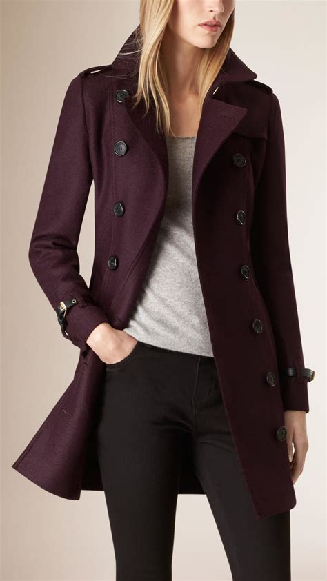 Lyst Burberry Leather Trim Virgin Wool Trench Coat In Purple