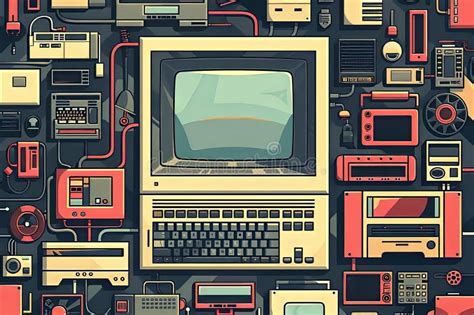 An Old Computer Is Surrounded By A Variety Of Electronic Devices On A Desk Stock Illustration