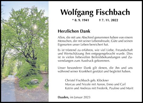 Traueranzeigen Von Wolfgang Fischbach Rz Trauer De