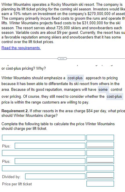 Solved Winter Mountains Operates A Rocky Mountain Ski Chegg