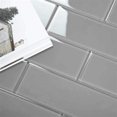 Diflart Glass Subway Tiles 4x12 Inch Gray Glossy Backsplash For Kitchen