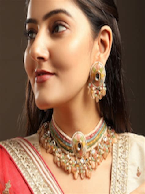 Buy Rubans 24K Gold Plated White Kundan Studded Enamelled Jewellery