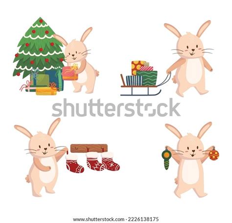 Cute Christmas Rabbits Cartoon Bunny Symbol Stock Vector Royalty Free