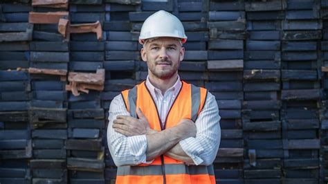 Premium Photo A Man Wearing An Orange Vest Stands In Front Of A Stack