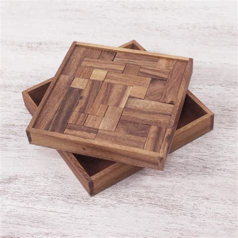 Handcrafted Square Wood Geometric Puzzle from Thailand - Geometry Game ...