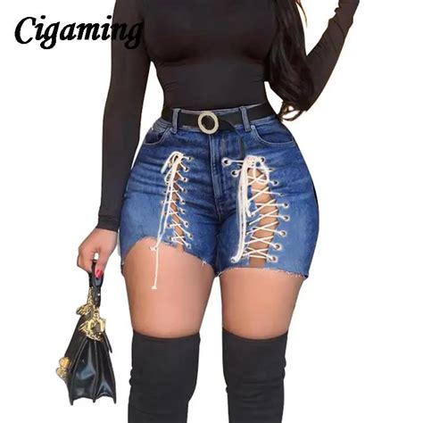 Sexy Stretch Jeans Shorts Women Lace Up Hollow Out Denim Shorts New