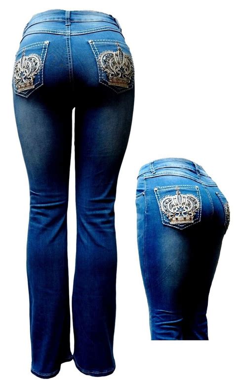 Jack David Handy Womens Rhinestone Mid Rise Bootcut Stretchy Denim Jeans Pants Bootcut Blue Hy