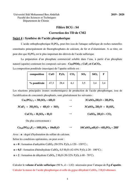 Solution Exercice Et Corrig Synth Se De L Acide Phosphorique