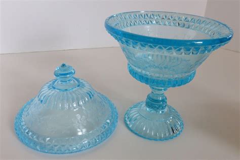 Antique Adams And Co Eapg Blue Glass 9 Inch Compote With Lid Wildflower