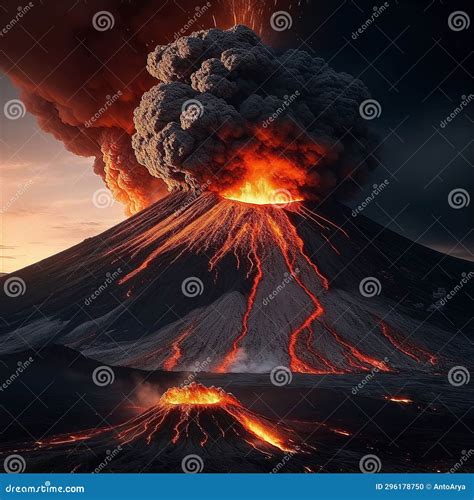 Volcano Eruption With Massive High Bursts Of Lava And Hot Clouds Soaring High Into The Sky