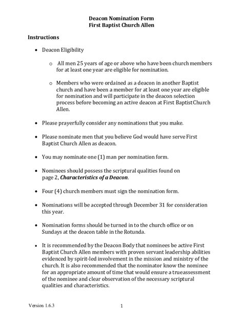 Fillable Online Deacon Nomination Form First Baptist Church Allen Fax