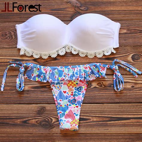 Jlforest Flowers Lace Bandeau Bikini Set Cute Colorful Print Ruffle